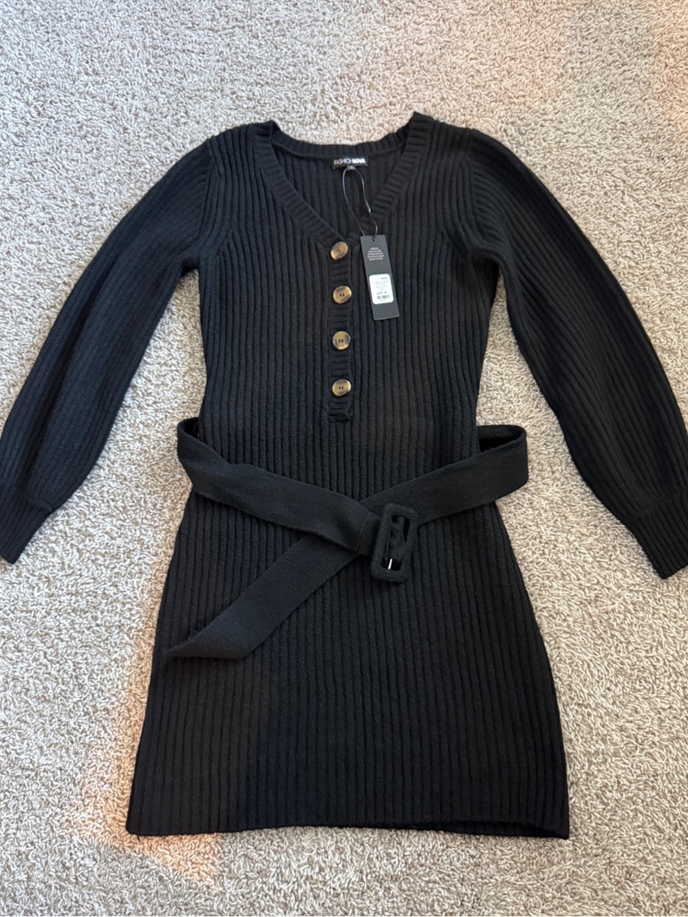 Fashion Nova Black Ribbed V-Neck Sweater Dress with Belt